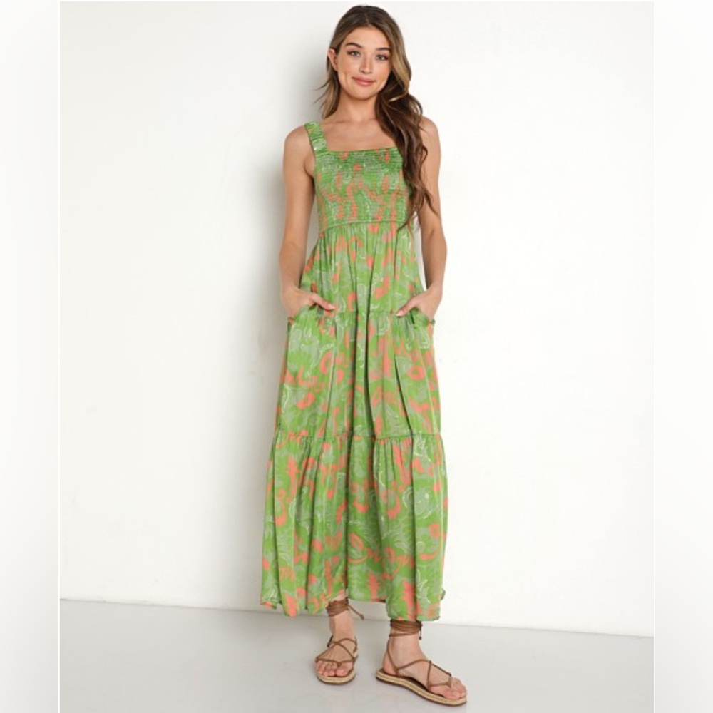 Cleobella Green & Coral Floral Tiered Maxi Dress